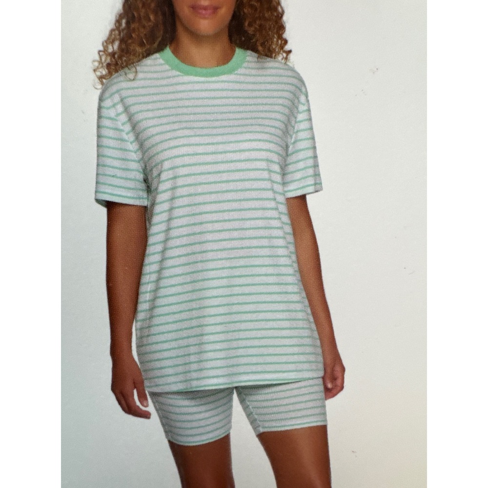 LOFT Womens XS Bike Short Pajama Set Green White Striped Ribbed 2pc NWT